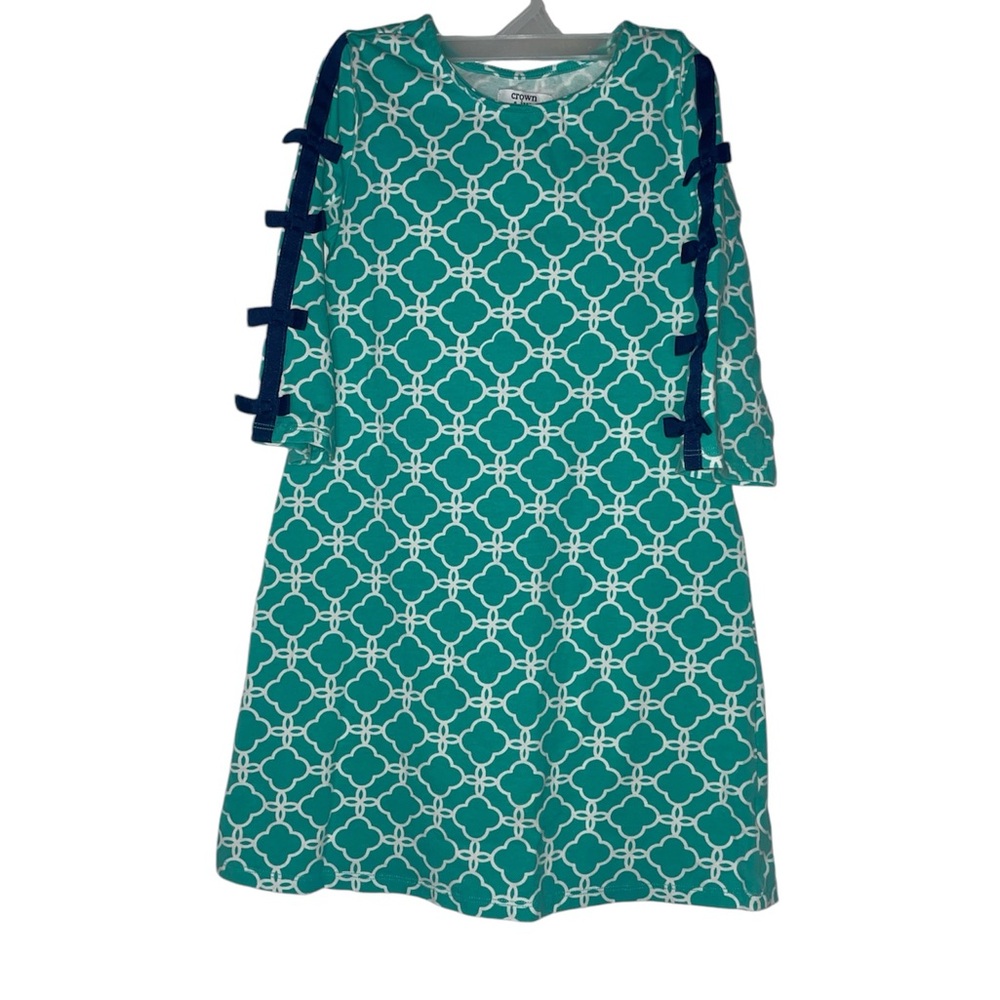 Girls Sz 5 Teal Crown‎ & Ivy Damask Dress with Navy Bow Sleeves